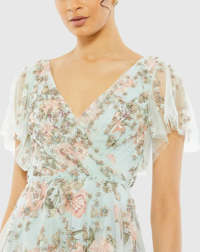 Floral Flutter Sleeve VNeck Maxi Dress Blue Multi Daytime Dresses Mac Duggal Women
