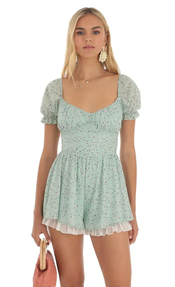 Floral Foiled Romper Green Women LUCY IN THE SKY Rompers Floral Foiled Romper Green Women LUCY IN THE SKY Rompers