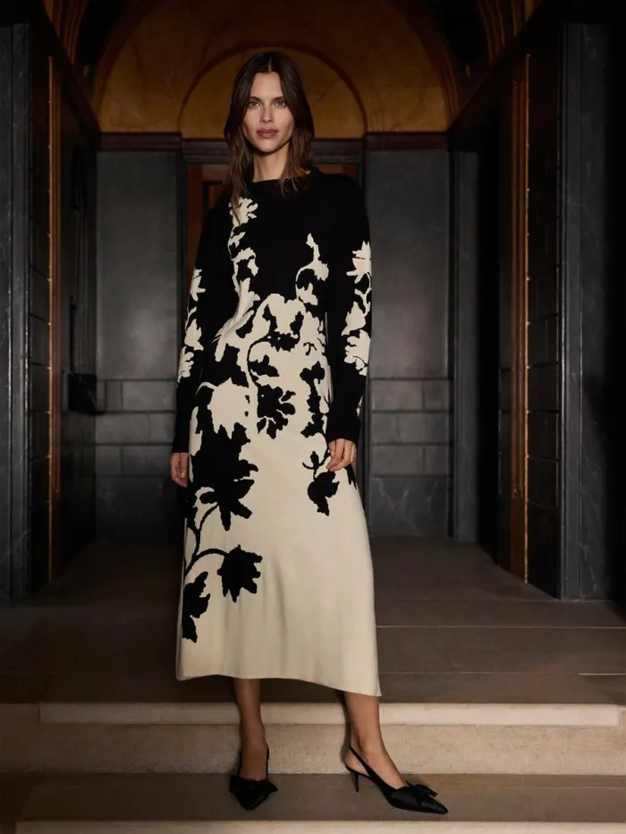 Floral Jacquard Knitted Dress Monochrome Women Jigsaw Coords