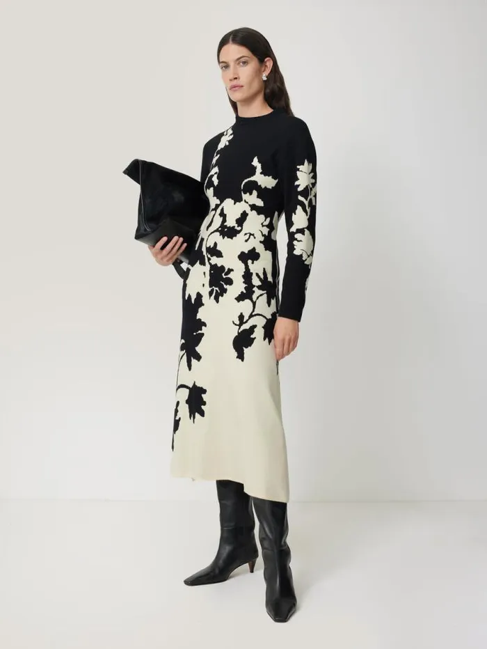 Floral Jacquard Knitted Dress Monochrome Women Jigsaw Coords