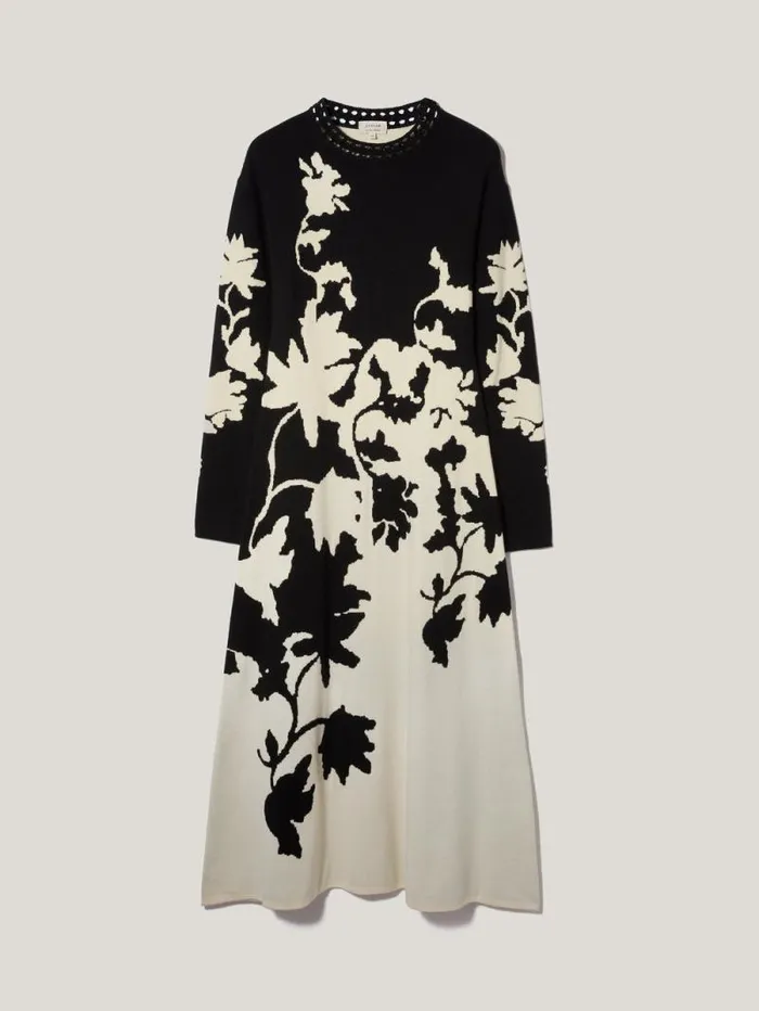 Floral Jacquard Knitted Dress Monochrome Women Jigsaw Coords