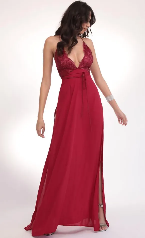 Floral Lace Plunge Maxi Merlot Women LUCY IN THE SKY Maxi Dresses Floral Lace Plunge Maxi Merlot Women LUCY IN THE SKY Maxi Dresses