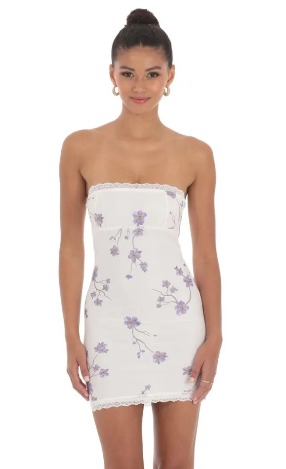 Floral Lace Strapless Bodycon Dress White Women LUCY IN THE SKY Mini Dresses