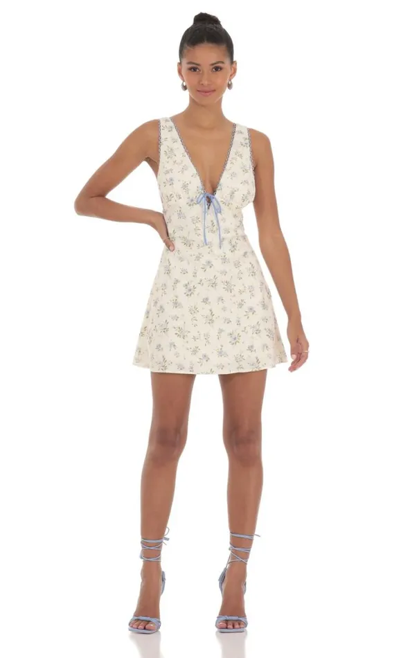 Floral Plunge Neck Dress Cream Women LUCY IN THE SKY Mini Dresses