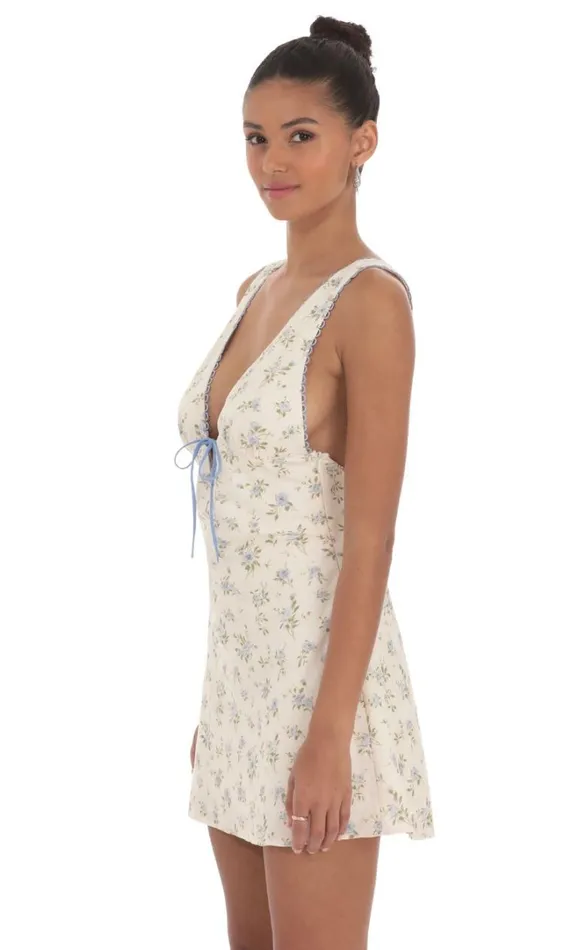 Floral Plunge Neck Dress Cream Women LUCY IN THE SKY Mini Dresses Floral Plunge Neck Dress Cream Women LUCY IN THE SKY Mini Dresses