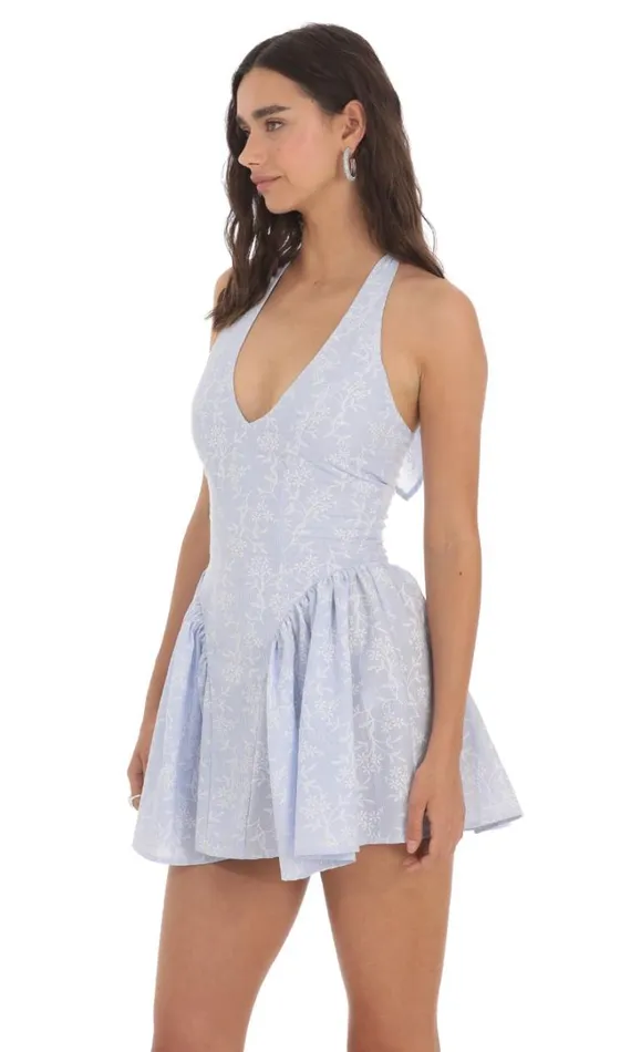 Floral Striped Halter Dress Blue Women LUCY IN THE SKY Mini Dresses