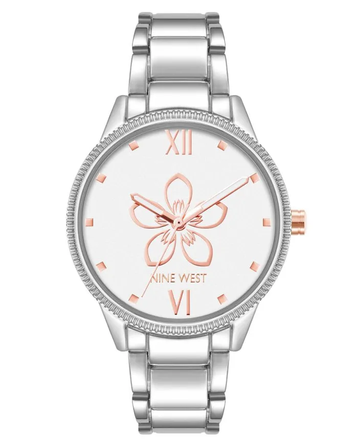 Flower Motif Dial Watch Silver Women Nine West Straps