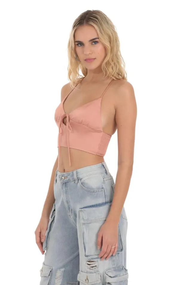 Front Tie Satin Top Apricot Women LUCY IN THE SKY Tops Front Tie Satin Top Apricot Women LUCY IN THE SKY Tops