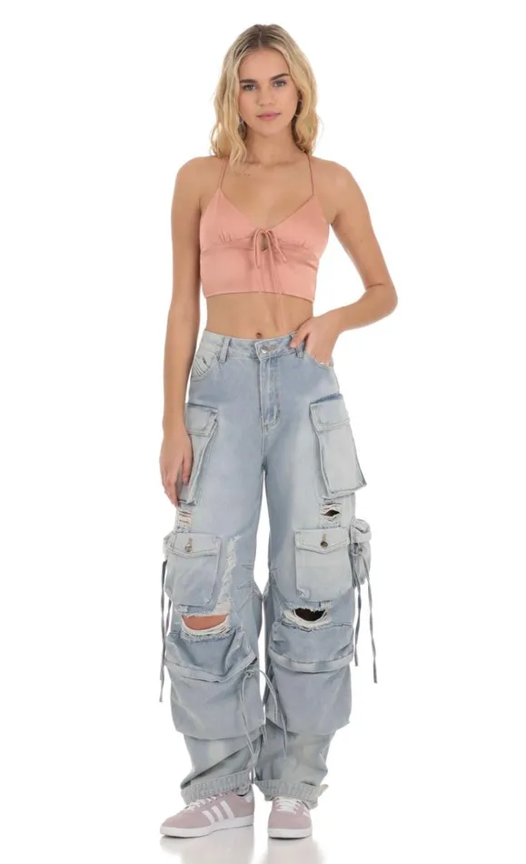 Front Tie Satin Top Apricot Women LUCY IN THE SKY Tops Front Tie Satin Top Apricot Women LUCY IN THE SKY Tops