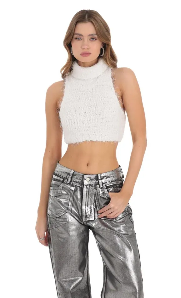 Fuzzy Knit Mock Neck Top White Women LUCY IN THE SKY Tops