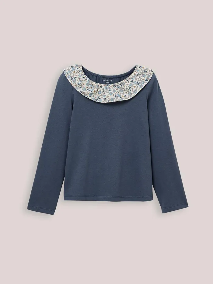 Girls Clothing Cyrillus Organic Cotton TShirt Collar Made With Liberty Fabric Gris Orage