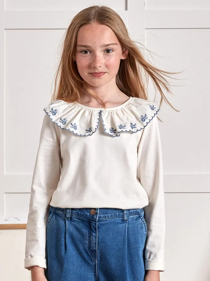 Girls Clothing Cyrillus Organic Cotton TShirt With Embroidered Collar Blanc Doux