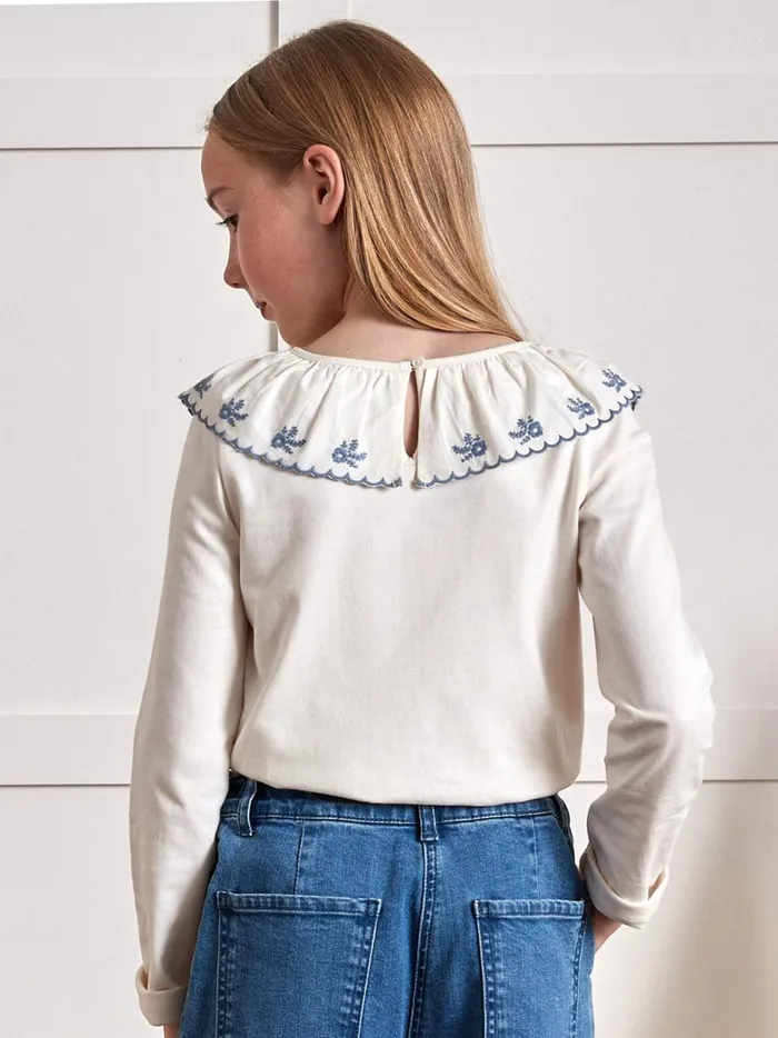 Girls Clothing Cyrillus Organic Cotton TShirt With Embroidered Collar Blanc Doux