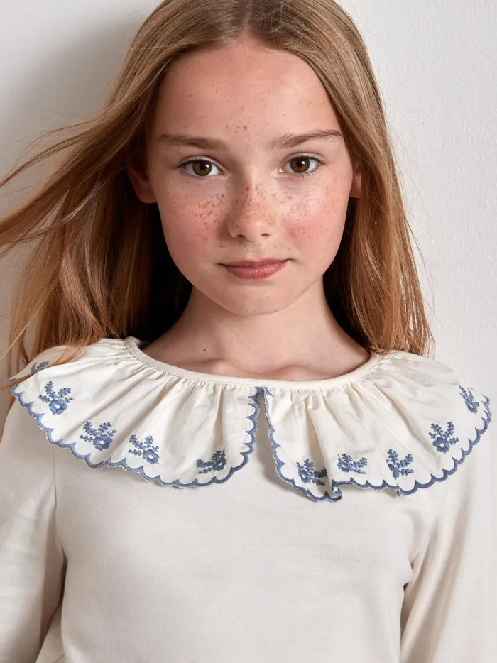 Girls Clothing Cyrillus Organic Cotton TShirt With Embroidered Collar Blanc Doux