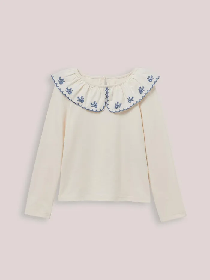 Girls Clothing Cyrillus Organic Cotton TShirt With Embroidered Collar Blanc Doux