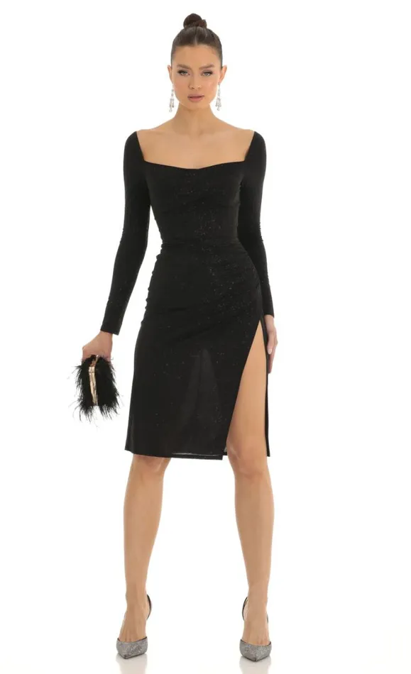 Glitter Long Sleeve Bodycon Midi Dress Black Women LUCY IN THE SKY Midi Dresses