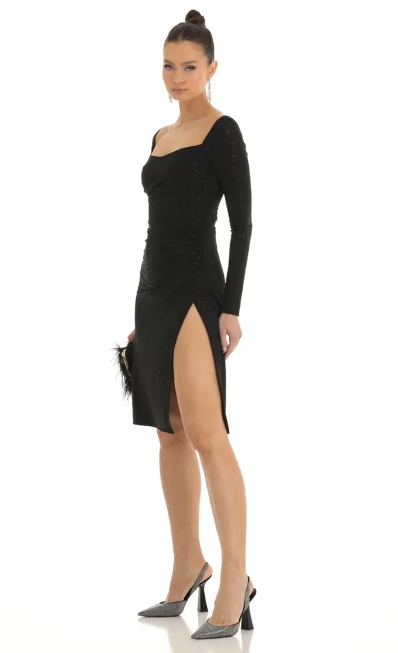 Glitter Long Sleeve Bodycon Midi Dress Black Women LUCY IN THE SKY Midi Dresses Glitter Long Sleeve Bodycon Midi Dress Black Women LUCY IN THE SKY Midi Dresses