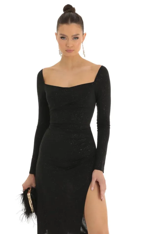 Glitter Long Sleeve Bodycon Midi Dress Black Women LUCY IN THE SKY Midi Dresses Glitter Long Sleeve Bodycon Midi Dress Black Women LUCY IN THE SKY Midi Dresses