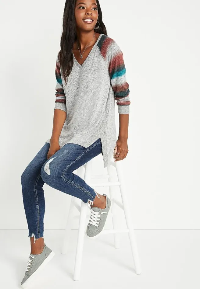Gray Stripe V Neck Sweatshirt Women Maurices Tops