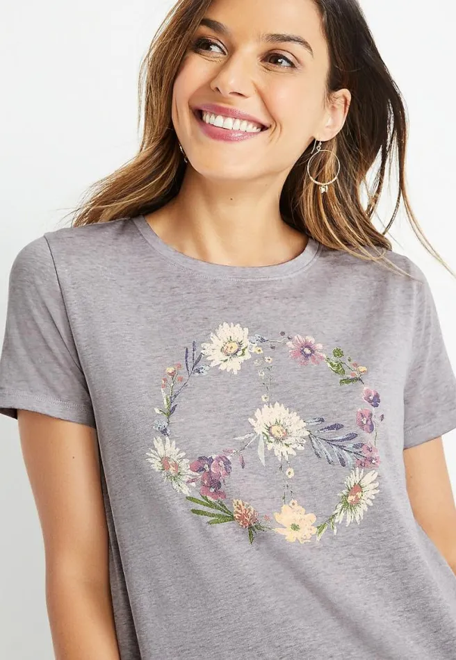 Gray Wildflower Peace Sign Graphic Tee Women Maurices Tops