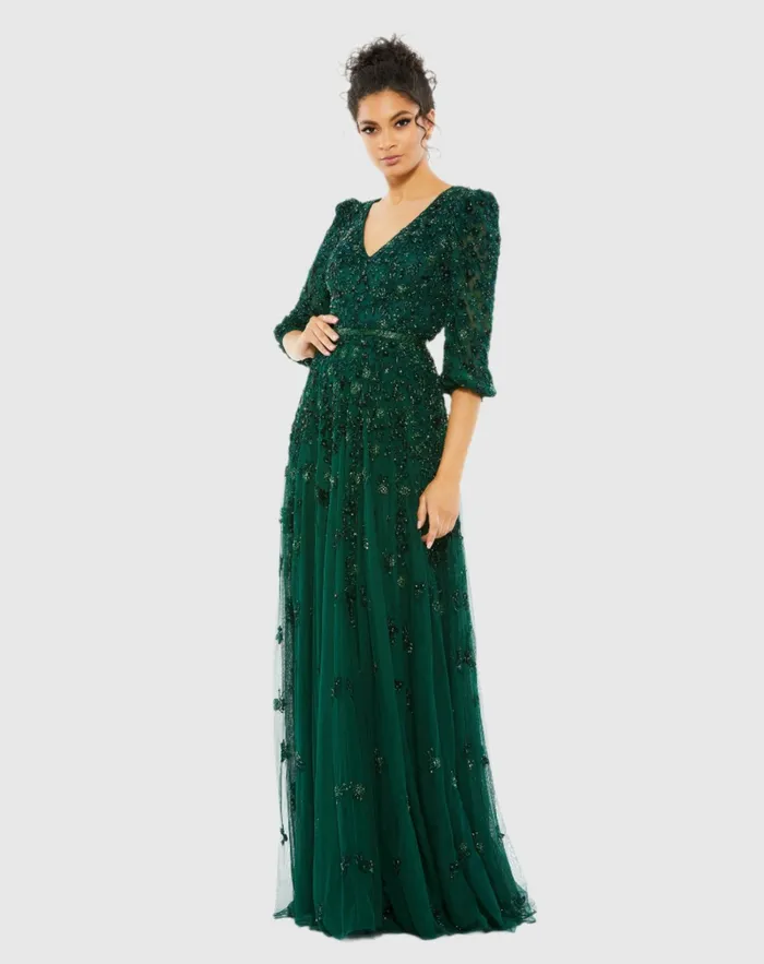 Green Embellished V Neck 34 Sleeve A Line Gown Deep Emerald Best Sellers Mac Duggal Women Green Embellished V Neck 34 Sleeve A Line Gown Deep Emerald Best Sellers Mac Duggal Women