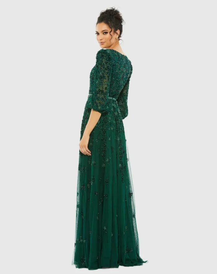 Green Embellished V Neck 34 Sleeve A Line Gown Deep Emerald Best Sellers Mac Duggal Women