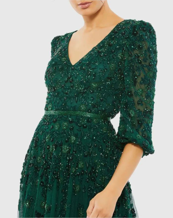 Green Embellished V Neck 34 Sleeve A Line Gown Deep Emerald Best Sellers Mac Duggal Women