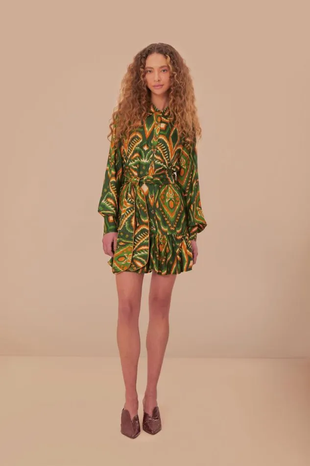 Green Pineapple Ikat Lenzing Ecovero Viscose Mini Dress Women FARM Rio Mini Dresses