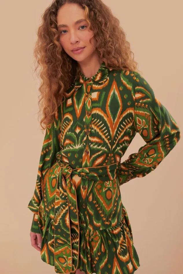 Green Pineapple Ikat Lenzing Ecovero Viscose Mini Dress Women FARM Rio Mini Dresses