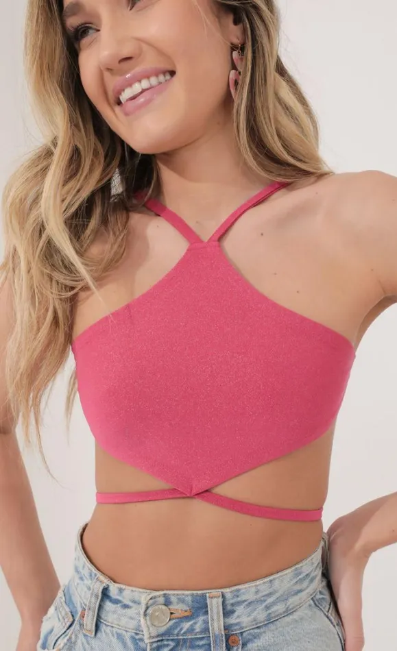 Halter Crop Top Pink Shimmer Women LUCY IN THE SKY Tops Halter Crop Top Pink Shimmer Women LUCY IN THE SKY Tops
