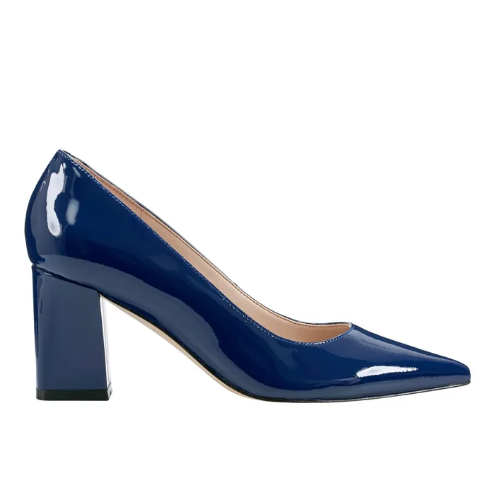 Heels and Pumps Women Zala Block Heel Pointy Toe Pump Dark Blue Patent Leather Marc Fisher