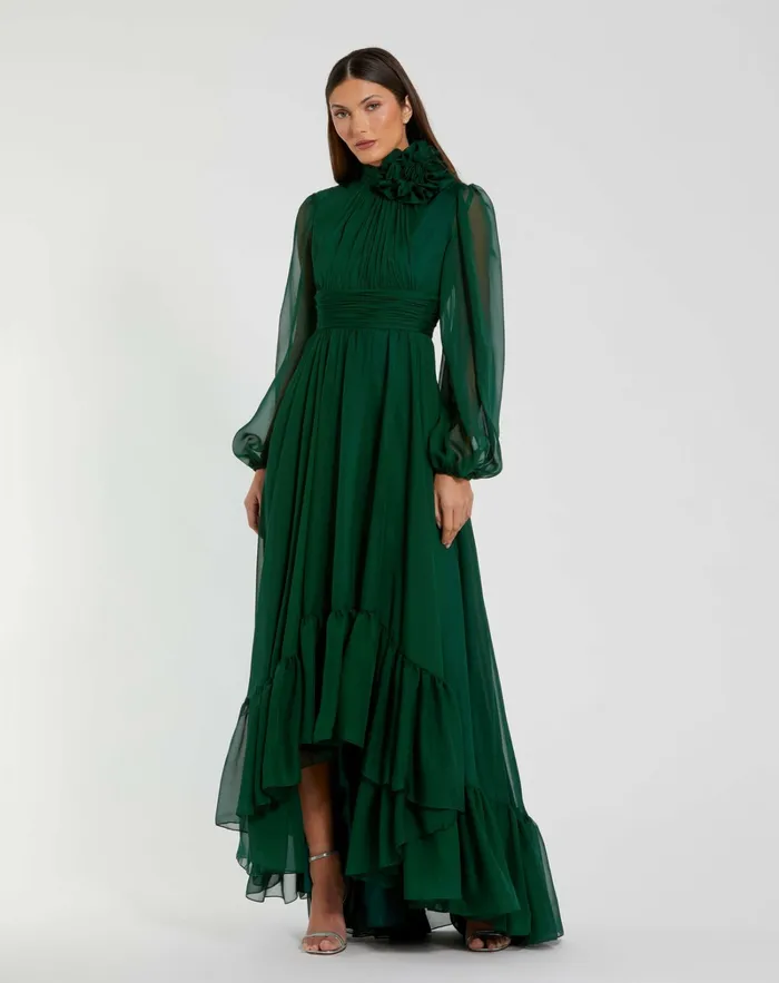 High Low Long Sleeve Chiffon Gown With 3D Flower Emerald Best Sellers Mac Duggal Women