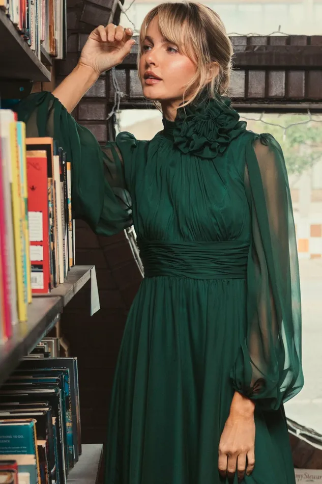 High Low Long Sleeve Chiffon Gown With 3D Flower Emerald Best Sellers Mac Duggal Women