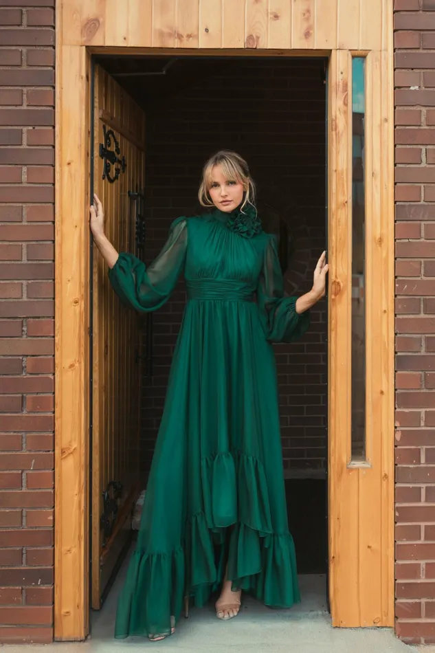 High Low Long Sleeve Chiffon Gown With 3D Flower Emerald Best Sellers Mac Duggal Women