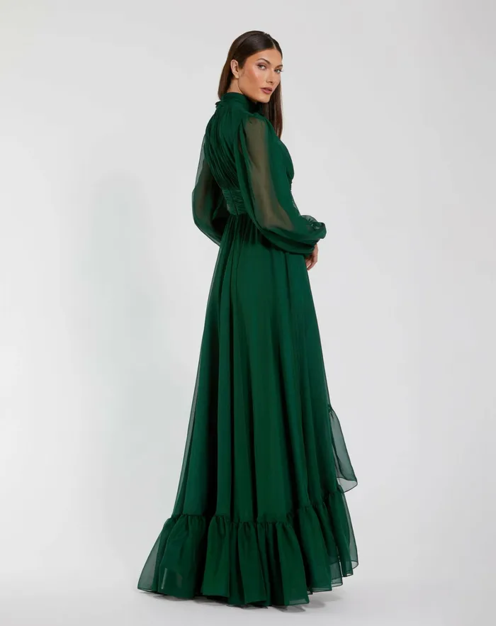 High Low Long Sleeve Chiffon Gown With 3D Flower Emerald Best Sellers Mac Duggal Women