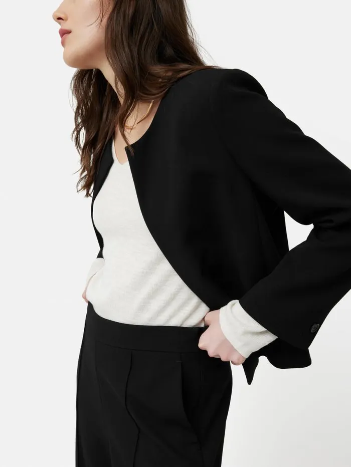 Italian Modern Crepe Short Jacket Black Women Jigsaw Coats and Jackets