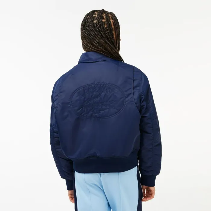 Jackets and Coats Women Lacoste Women039s Oversized Logo Back Nylon Bomber Jacket Navy Blue 166