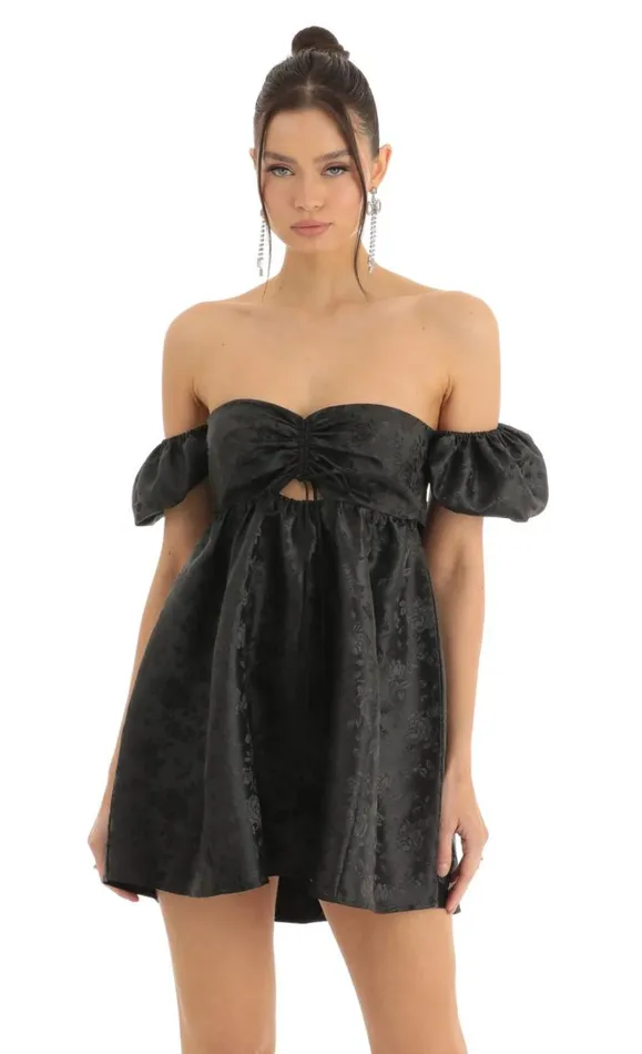 Jacquard Baby Doll Dress Black Women LUCY IN THE SKY Mini Dresses