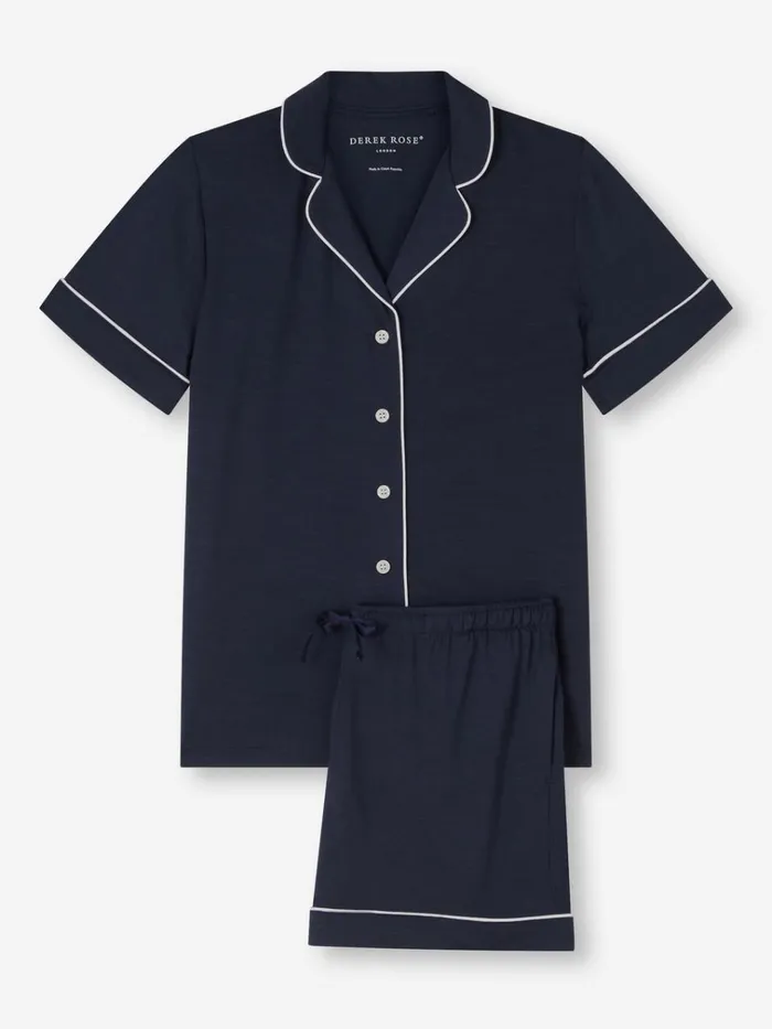 Jersey Pajamas Women Derek Rose Short Pajamas Lara Micro Modal Stretch Navy