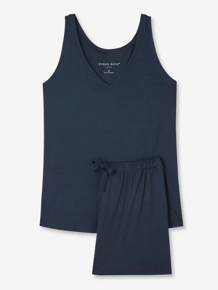 Jersey Pajamas Women Derek Rose Short Tank Top Pajamas Lara Micro Modal Stretch Navy