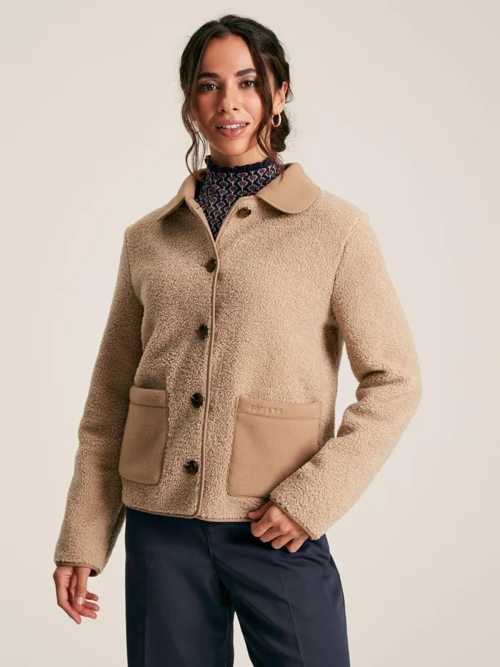Joules Coats and Jackets Women Tan Brown Button Up Borg Fleece Jacket