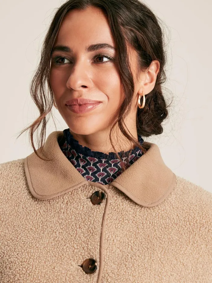 Joules Coats and Jackets Women Tan Brown Button Up Borg Fleece Jacket