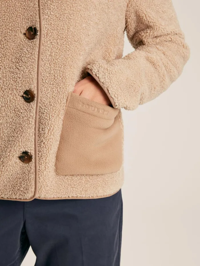 Joules Coats and Jackets Women Tan Brown Button Up Borg Fleece Jacket