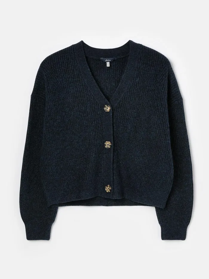 Joules Knitwear Women Navy V Neck Ribbed Knit Buttoned Cardigan