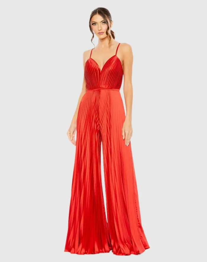 Jumpsuits and Rompers Red Pleated Plunge Neck Wide Leg Jumpsuit Red 8211 Mac Duggal Women