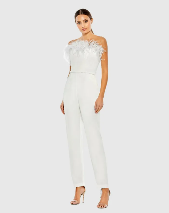 Jumpsuits and Rompers Women White Strapless Jumpsuit with Feather Trim White Mac Duggal