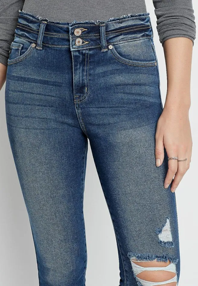 Kancan High Rise Destructed Stacked Waist Skinny Ankle Jean Women Maurices Jeans