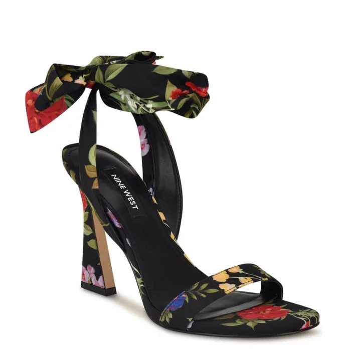 Kelsie Ankle Wrap Heeled Sandals Black Floral Women Nine West Heels Kelsie Ankle Wrap Heeled Sandals Black Floral Women Nine West Heels