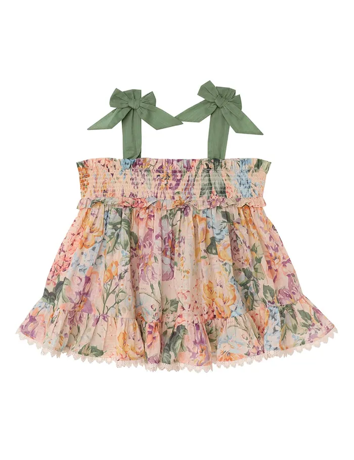 Kids Zimmermann Clothing Halliday Shirred Top Multi Watercolour Floral