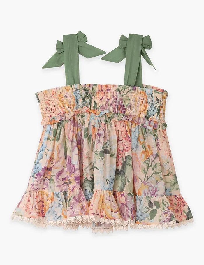 Kids Zimmermann Clothing Halliday Shirred Top Multi Watercolour Floral